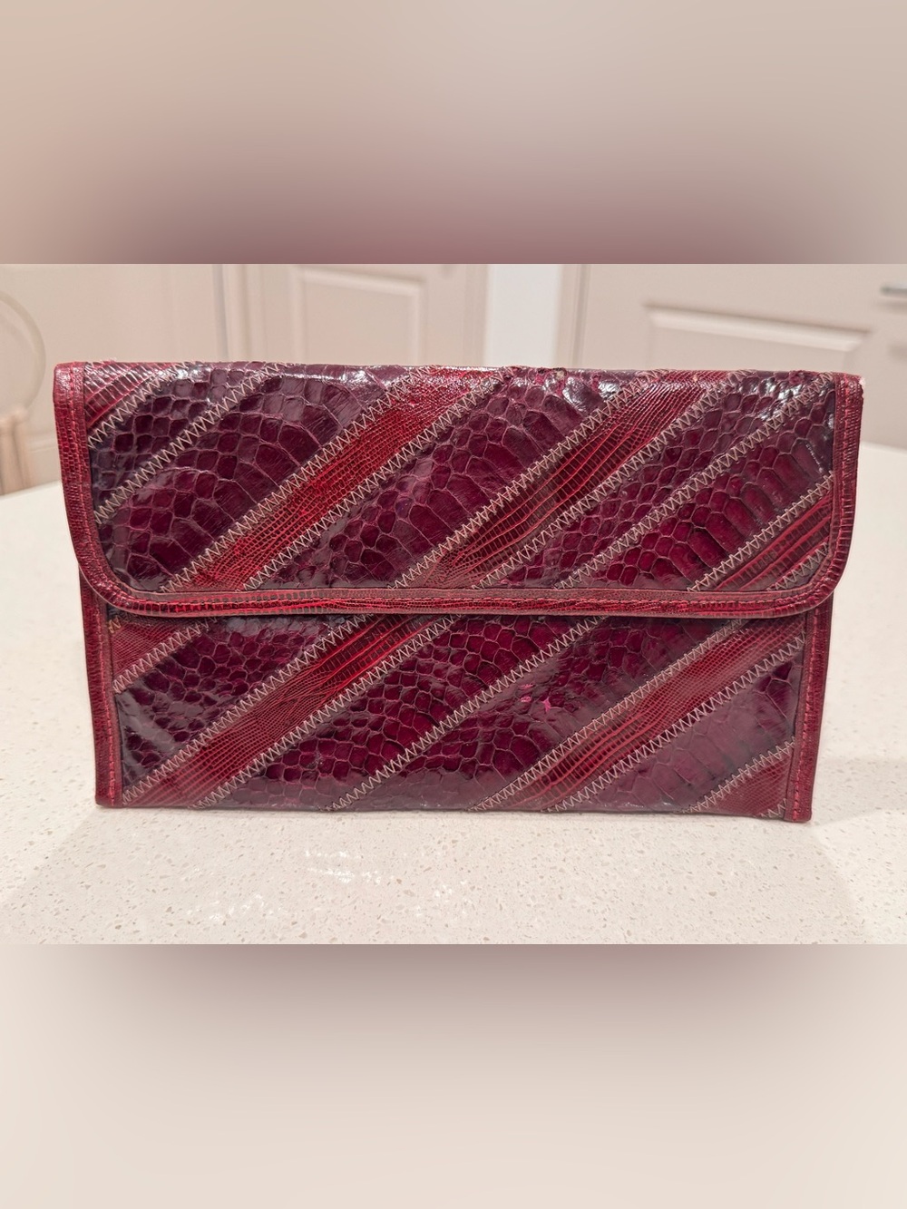 Vintage 80s David Mehler for DAME Snakeskin Envelope Clutch Oxblood Burgundy